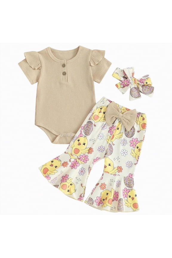 My First Easter Baby Girl Outfit Girls Clothes Short Sleeve Ribbed Romper Bunny Chick Bell Bottom Pants Headband 3PCS Set