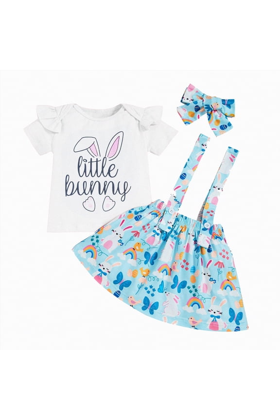My First Easter Baby Girl Outfit Girls Clothes Short Sleeve little bunny Letter Print T-Shirt Top Bunny Suspender Skirt Outfit