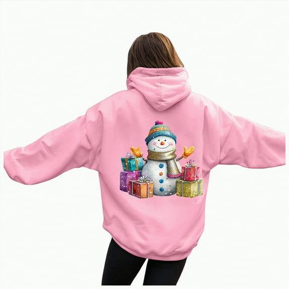 Kaprioy Oversized Sweatshirt For Women Christmas Snowman Pattern Christmas Colorful Winter Sweatshirt Fall Fashion Long Sleeve Clothing Pink, M