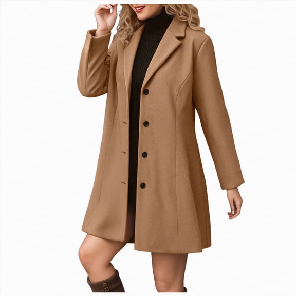 Kaprioy Pea Coats For Women Wool Blend Thicken Stand Collar Single Breasted Trench Coat Fal lFashion Winter Long Overcoat Outwear Coffee, XXL