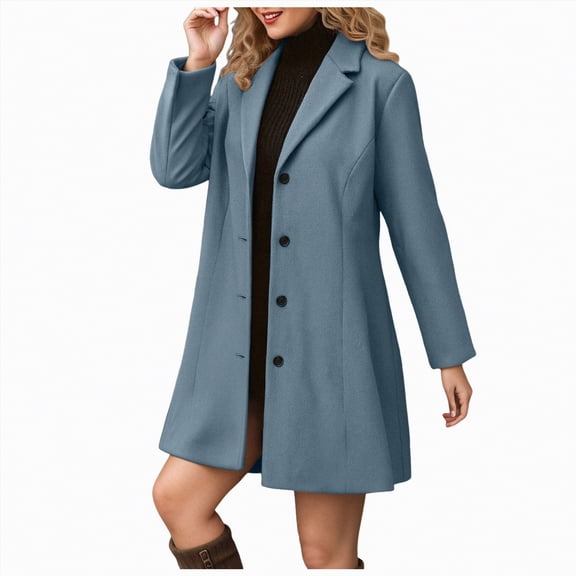 Kaprioy Pea Coats For Women Wool Blend Thicken Stand Collar Single Breasted Trench Coat Fal lFashion Winter Long Overcoat Outwear Light Blue, L