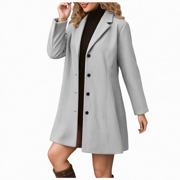 Kaprioy Pea Coats For Women Wool Blend Thicken Stand Collar Single Breasted Trench Coat Fal lFashion Winter Long Overcoat Outwear Light Gray, M