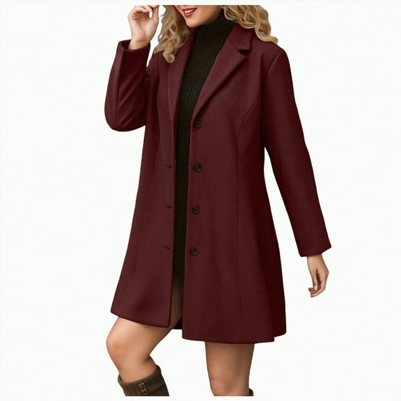 Kaprioy Pea Coats For Women Wool Blend Thicken Stand Collar Single Breasted Trench Coat Fal lFashion Winter Long Overcoat Outwear Wine, XL