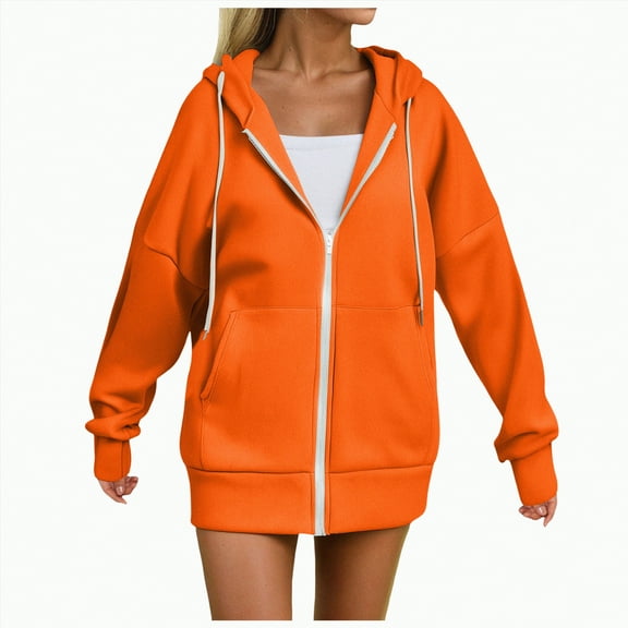 Kaprioy Pluse Size Zip Up Hoodies Women Oversized Sweatshirt Long Sleeve Hooded Solid Color Fall Fashion Winter Clothing Orange, XXL