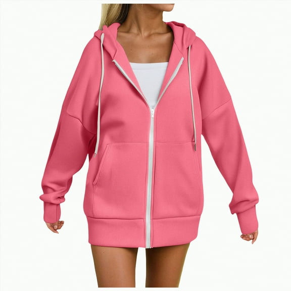 Kaprioy Pluse Size Zip Up Hoodies Women Oversized Sweatshirt Long Sleeve Hooded Solid Color Fall Fashion Winter Clothing Red, S