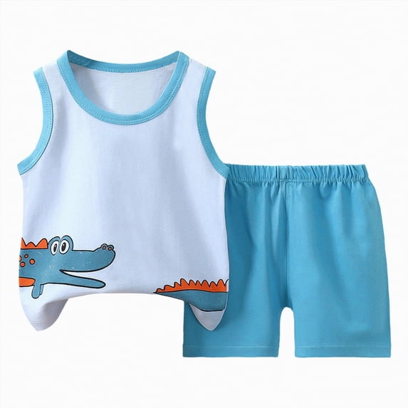 Kaprioy Summer Outfits Set For Kids Boys Baby Toddler Cartoon Outfits Vest Sleeveless Printed Dinosaur Tops+Shorts Boys' Shorts Sets