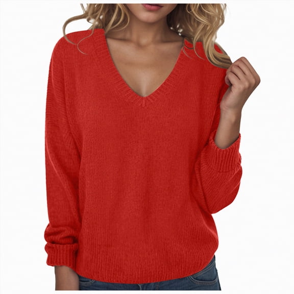 Kaprioy Sweaters For Women V Neck Long Sleeve Loose Fit Pullover Sweater Trendy Casaul Fall Fashion Winter Clothes Red, XXL