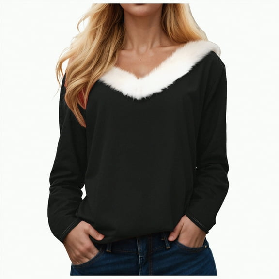 Kaprioy Sweaters for Women Fur Trim V Neck Sweatshirts Christmas Graphic Solid Color Long Sleeve Pullover Tops Black, L