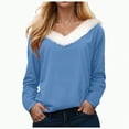 thumbnail image 1 of Kaprioy Sweaters for Women Fur Trim V Neck Sweatshirts Christmas Graphic Solid Color Long Sleeve Pullover Tops Blue, XXXL, 1 of 4