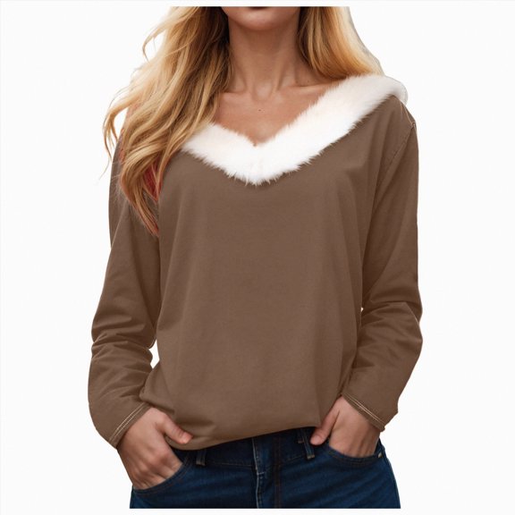 Kaprioy Sweaters for Women Fur Trim V Neck Sweatshirts Christmas Graphic Solid Color Long Sleeve Pullover Tops Coffee, XL