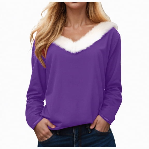 Kaprioy Sweaters for Women Fur Trim V Neck Sweatshirts Christmas Graphic Solid Color Long Sleeve Pullover Tops Purple, L