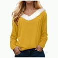 thumbnail image 1 of Kaprioy Sweaters for Women Fur Trim V Neck Sweatshirts Christmas Graphic Solid Color Long Sleeve Pullover Tops Yellow, M, 1 of 4