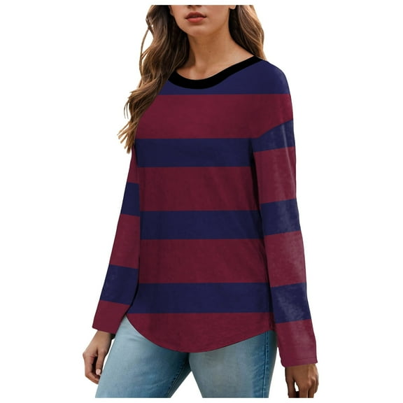 Kaprioy Sweatshirts For Women Crewneck Casual Tops Pullover Early Fall Fashion Clothes Color Block Basic Sweatshirts Brick Red, L