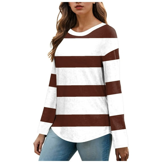Kaprioy Sweatshirts For Women Crewneck Casual Tops Pullover Early Fall Fashion Clothes Color Block Basic Sweatshirts Brown, L