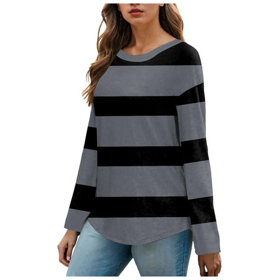 Kaprioy Sweatshirts For Women Crewneck Casual Tops Pullover Early Fall Fashion Clothes Color Block Basic Sweatshirts Grey, L