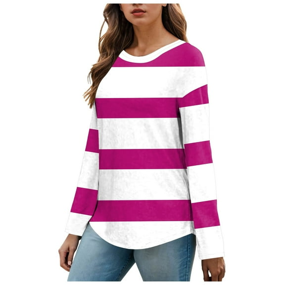 Kaprioy Sweatshirts For Women Crewneck Casual Tops Pullover Early Fall Fashion Clothes Color Block Basic Sweatshirts Hot Pink, L