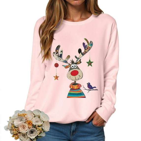 Kaprioy Sweatshirts for Women Cute Elk Gift Long Sleeve Shirt Pullover Tops Christmas Graphic Fall Fashion Clothing Pink, L