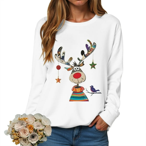 Kaprioy Sweatshirts for Women Cute Elk Gift Long Sleeve Shirt Pullover Tops Christmas Graphic Fall Fashion Clothing White, L