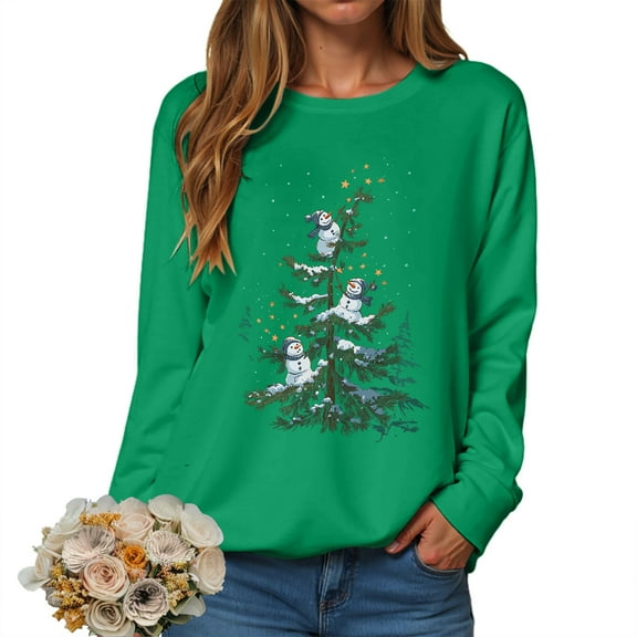 Kaprioy Sweatshirts for Women Snow Tree Prints Fall Fashion Clothing Long Sleeve Shirt Christmas Gift Pullover Tops Green, XL