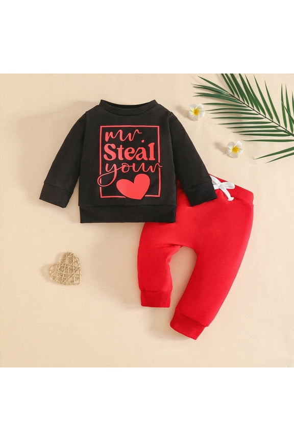 Toddler Baby Boy Valentines Day Outfits 6 12 18 24 Months 2T 3T Waffle Stripe Letter Embroidered Crew Neck Long Sleeve Sweatshirt with Heart Patch Pants Clothes Set