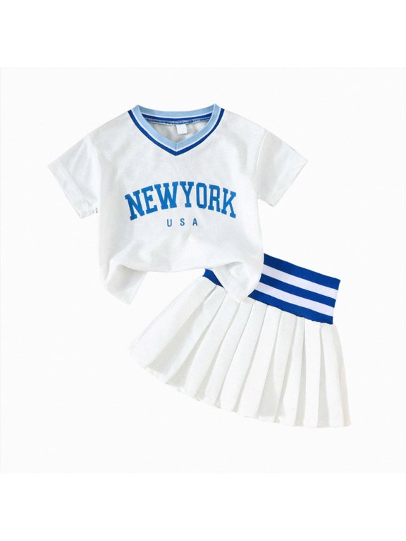 Toddler Baby Girl Cheerleader Outfit V Neck Letter Print T Shirt With Skirt Cheer Uniform Outfit Cheerleading Clothes School Sports Outfit