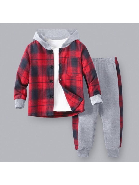 Toddler Boy Outfits Toddler Boy Clothes Plaid Hooded Shirt - 2 Piece Outfit Button Front Toddler Hoodie & Sweatpants Set Boys Winter Clothes