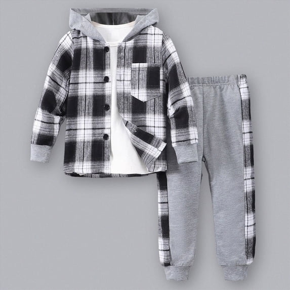 Kaprioy Toddler Boy Outfits Toddler Boy Clothes Plaid Hooded Shirt - 2 Piece Outfit Button Front Toddler Hoodie & Sweatpants Set Boys Winter Clothes