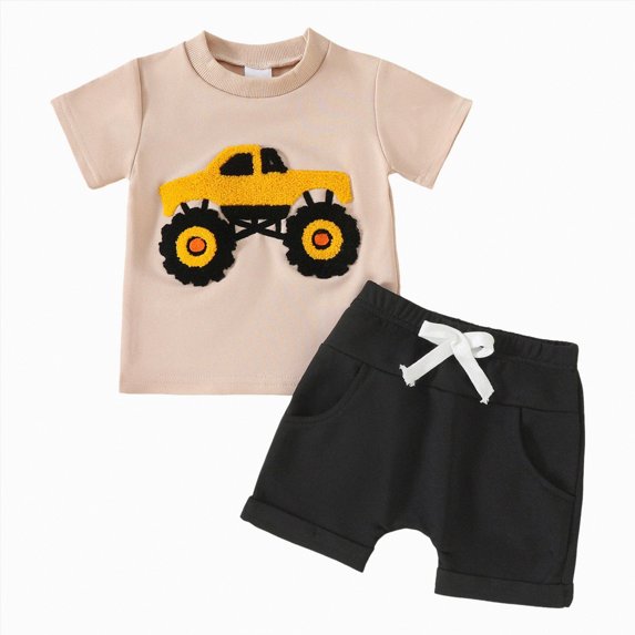 Kaprioy Toddler Boys Clothes Summer Outfit Sets Cute Tractor Embroidered Printed Short Sleeve Tops T Shirt Pockets Shorts Knit Clothes Set Boys Summer Clothing Set