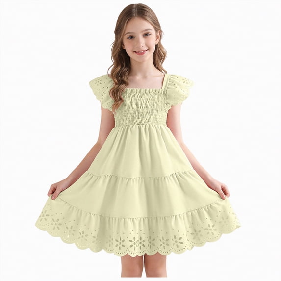 Kaprioy Toddler Girl Dress Summer Outfits Kids Ruffle Cap Puff Sleeves Boho Dresses Casual Sundress for Girls Stylish Flutter Sleeve Hollowed Out Girls Dress