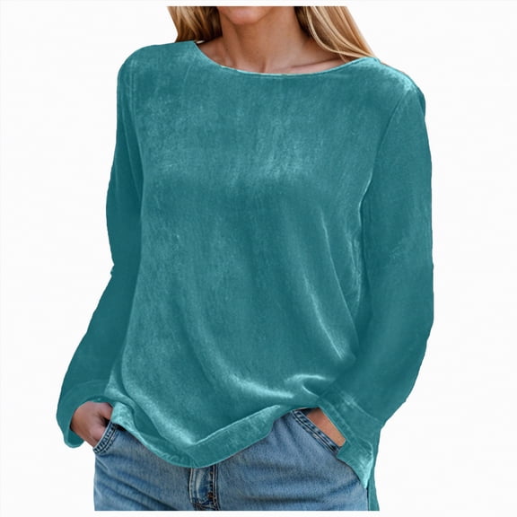 Kaprioy Velvet Tops for Women Long Sleeve Round Neck Shirt Blouse Solid Casual Tee Shirt Trendy Pullove Crewneck Velour Shirt Womens Casual Solid Color Pullover Velvet Long Sleeve Tshirt Top