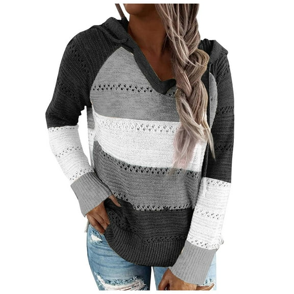 Kaprioy Women Color Block Hooded Crochet Striped Sweaters Lightweight Drawstring Hoodies Pullover Trendy Sweatshirts Black, XL