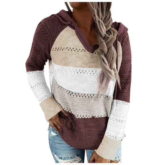 Kaprioy Women Color Block Hooded Crochet Striped Sweaters Lightweight Fall Fashion Drawstring Hoodies Pullover Going Out Tops Sweatshirts Red, L