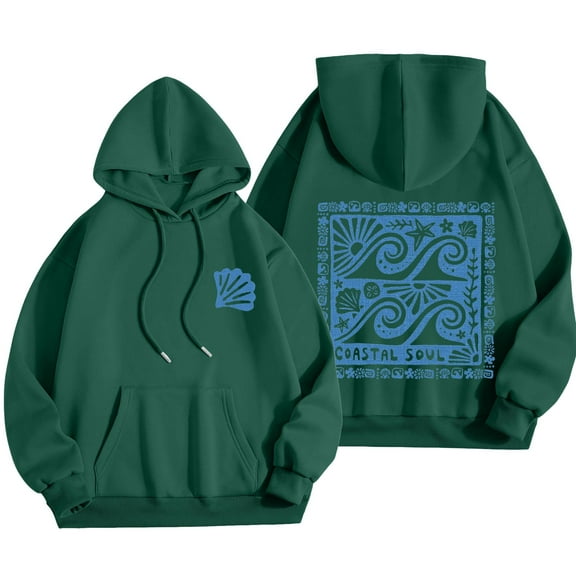 Kaprioy Women Cute Flower Print Hoodie Comfy Preppy Hooded Sweatshirt for Teen Girls Long Sleeve Drawstring Oversized Pullover Tops Dark Green, XXL