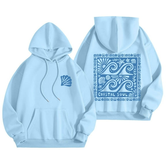 Kaprioy Women Cute Flower Print Hoodie Comfy Preppy Hooded Sweatshirt for Teen Girls Long Sleeve Drawstring Oversized Pullover Tops Sky Blue, XXXL