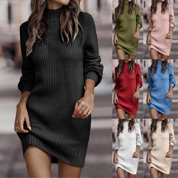 Kaprioy Women Long Sleeve Tops MockNeck Rib Knit Stretch Slim Fitted Body Sweater Dress 2025 Fall Fashion Clothes Black, L