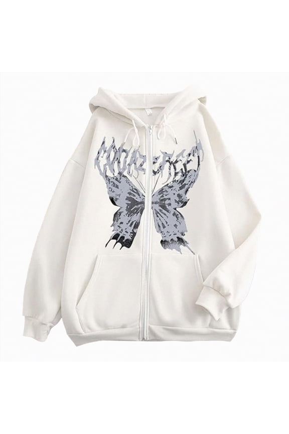 Women Y2K Zip Up Oversized Hoodie Skeleton Butterfly Gothic Emo Grunge Jacket Graphic Baggy Dark Academia Streetwear Fashion Clothes White, XL