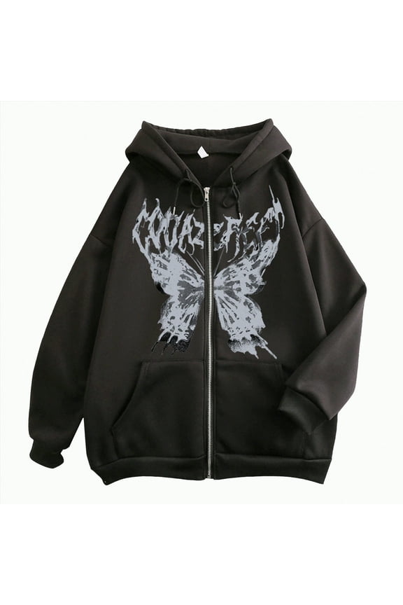 Women Y2K Zip Up Oversized Hoodie Skeleton Butterfly Gothic Emo Grunge Jacket Graphic Baggy Dark Academia Streetwear Fashion Clothes Black, L