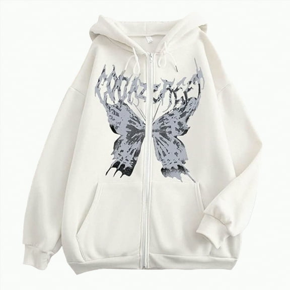 Kaprioy Women Y2K Zip Up Oversized Hoodie Skeleton Butterfly Gothic Emo Grunge Jacket Graphic Baggy Dark Academia Streetwear Fashion Clothes White, M