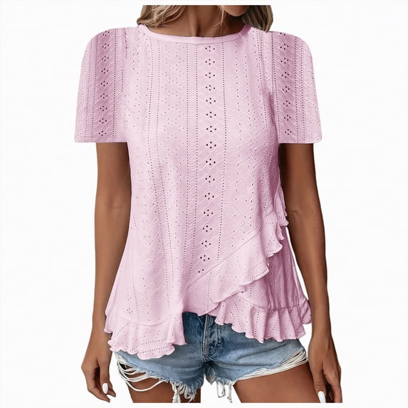 Kaprioy Women's Ruffle Hem Short Sleeve T-Shirt, Casual Summer Crew Neck Blouses Top