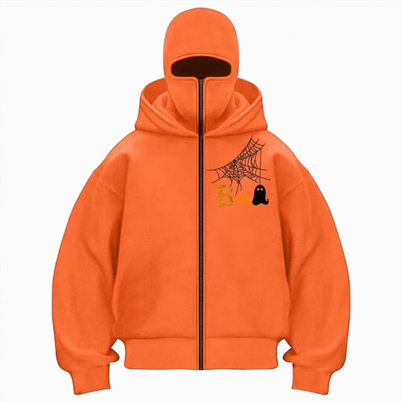 Kaprioy Womens Balaclava Hoodie Zip up Y2k Winter Fall Fashion Pullover Halloween Graphic Double Layer Hoodie Orange, XL