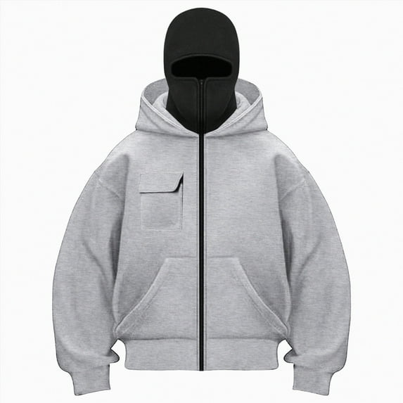 Kaprioy Womens Balaclava Jacket Zip Up Fashion Double Layer Hoodie Hip Hop Jacket Y2K Clothing Going Out Tops Multi Pocket Light Gray, S