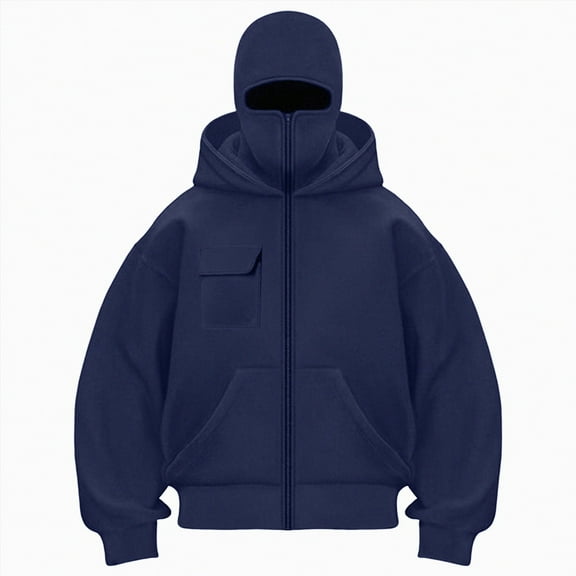 Kaprioy Womens Balaclava Jacket Zip Up Fashion Double Layer Hoodie Hip Hop Jacket Y2K Clothing Going Out Tops Multi Pocket Navy, XL