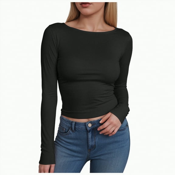Kaprioy Womens Boat Neck Tops Long Sleeve Shirts Casual Fitted Tee Shirts Solid Color Early Fall Fashion Basic Clothes Black, XS