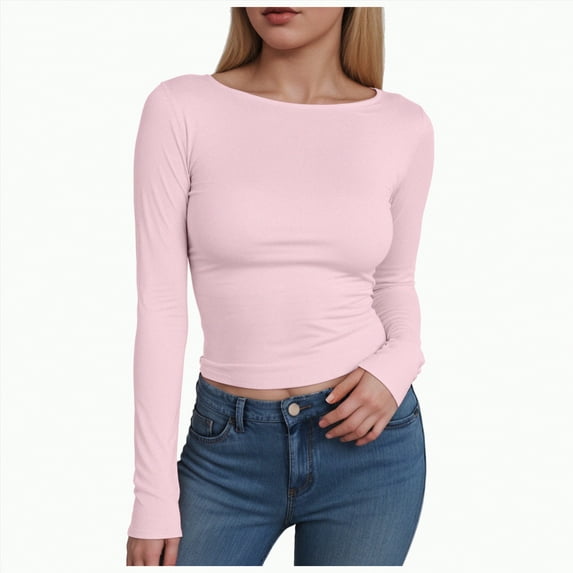 Kaprioy Womens Boat Neck Tops Long Sleeve Shirts Casual Fitted Tee Shirts Solid Color Early Fall Fashion Basic Clothes Pink, XS