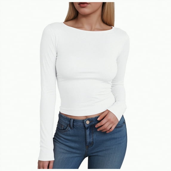 Kaprioy Womens Boat Neck Tops Long Sleeve Shirts Casual Fitted Tee Shirts Solid Color Early Fall Fashion Basic Clothes White, XL