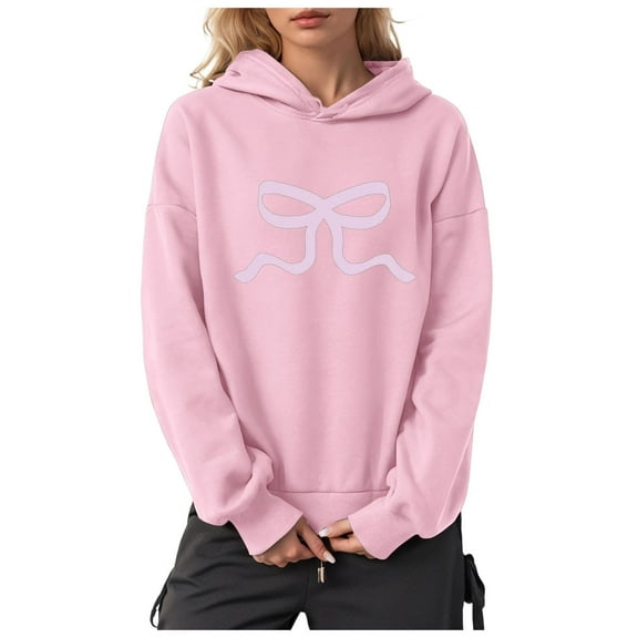 Kaprioy Womens Bow Graphic Hoodie Cute Bow Sweater Oversized Long Sleeve Sweatshirt Drop Shoulder Y2K Teen Girls Pullover Sweatshirt Pink, XXXL