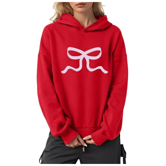 Kaprioy Womens Bow Graphic Hoodie Cute Bow Sweater Oversized Long Sleeve Sweatshirt Drop Shoulder Y2K Teen Girls Pullover Sweatshirt Red, XXXL