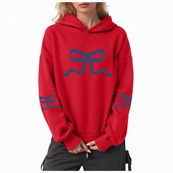 Kaprioy Womens Bow Graphic Hoodie Cute Bow Sweater Oversized Long Sleeve Sweatshirt Drop Shoulder Y2K Teen Girls Pullover Sweatshirt Women Oversized Casual Graphic Pullover Trendy Hooded Top