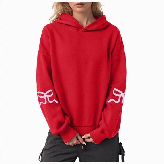 Kaprioy Womens Bow Graphic Hoodie Cute Bow Sweater Oversized Long Sleeve Sweatshirt Drop Shoulder Y2K Teen Girls Pullover Sweatshirt Women Oversized Casual Graphic Pullover Trendy Hooded Top