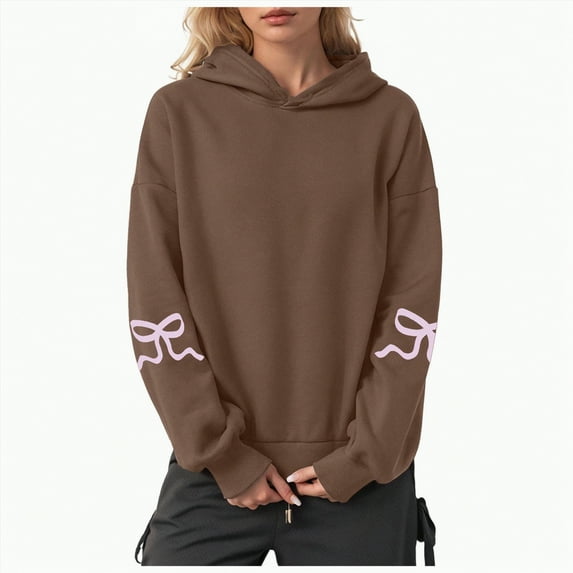 Kaprioy Womens Bow Graphic Hoodie Cute Bow Sweater Oversized Long Sleeve Sweatshirt Drop Shoulder Y2K Teen Girls Pullover Sweatshirt Women Oversized Casual Graphic Pullover Trendy Hooded Top